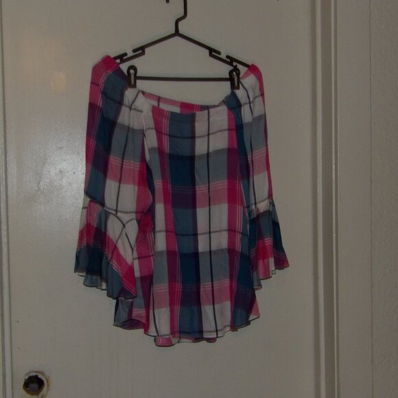 Intro Off Shoulder Bright Pink Plaid Square Neck Bell Sleeve Top Sz 2X - Picture 1 of 6